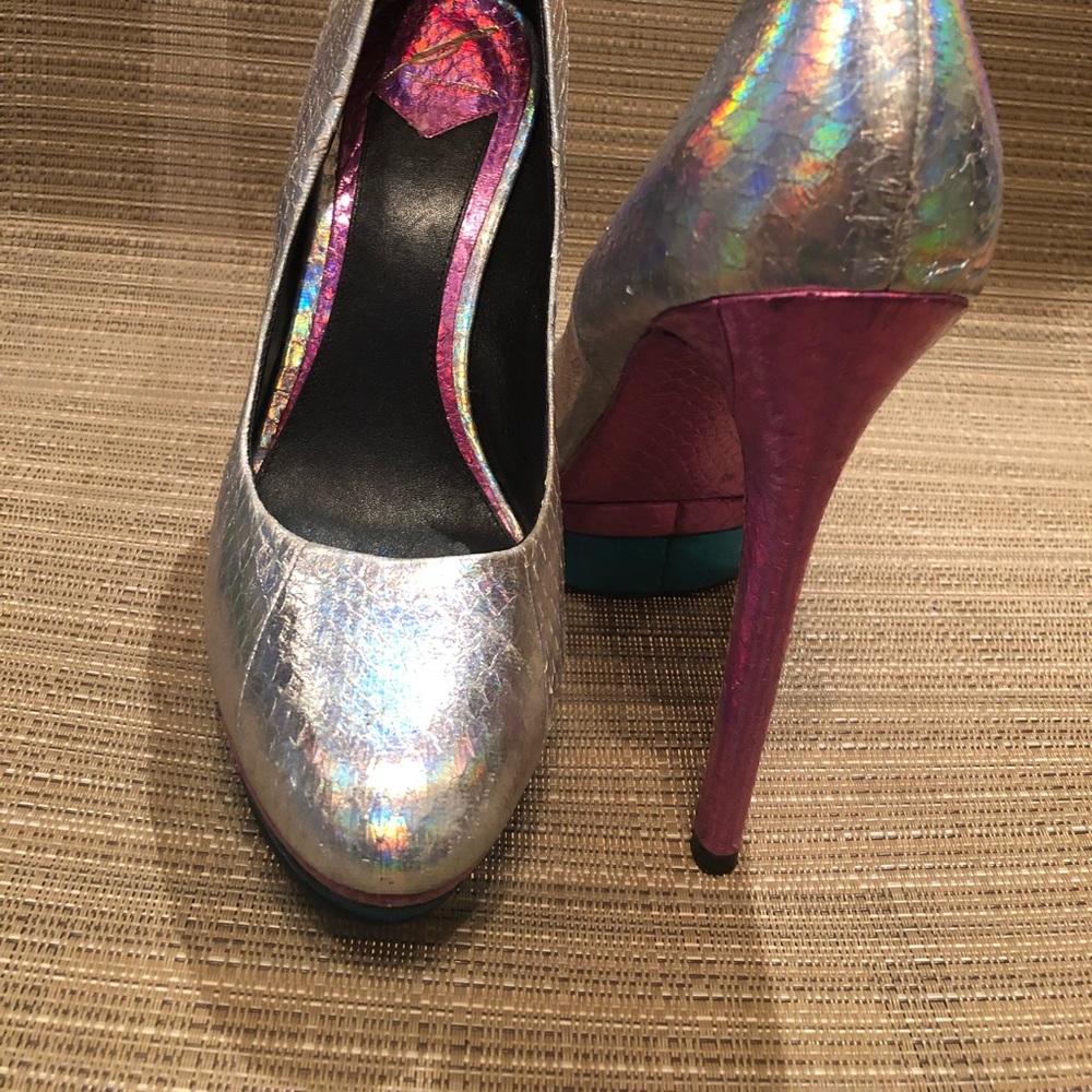 Brian Atwood Iridescent Silver Pumps with Pink Heel